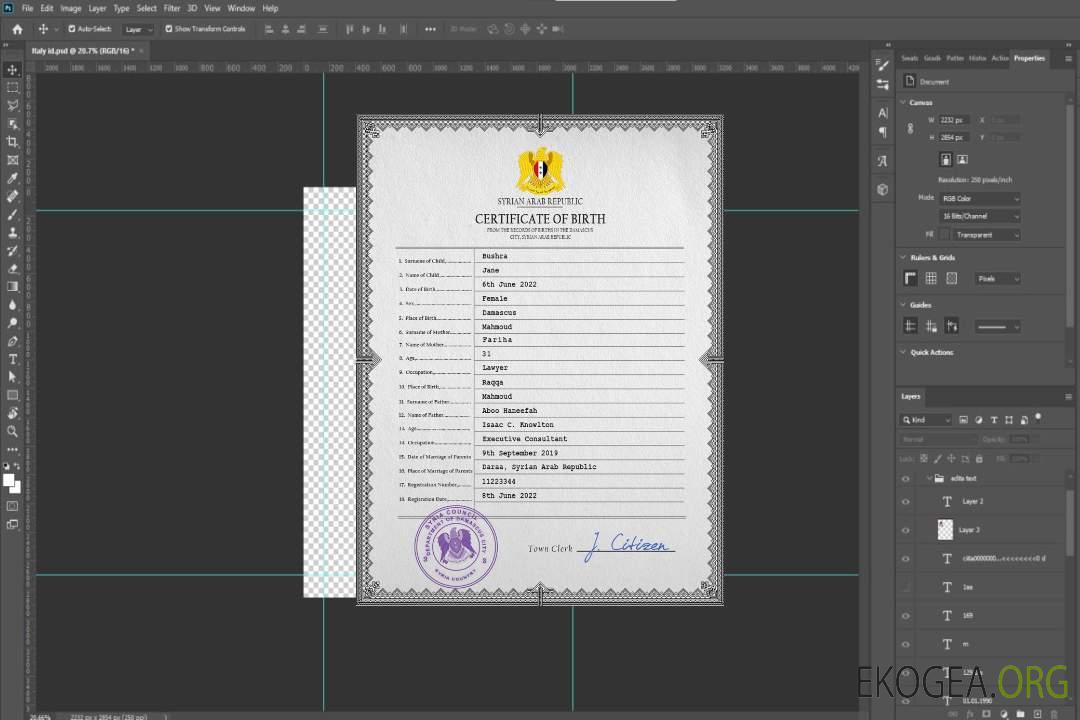 Modèle PSD de certificat de naissance en Syrie template Modèle PSD de certificat de naissance en Syrie template
